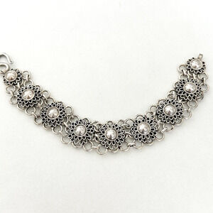 Vintage 925 Sterling Silver Wide Flower Detailed Chunky Chain Link Bracelet 6.75